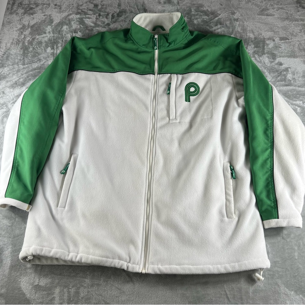 Pelle Pelle Men's XXL Fleece Jacket White Green Lined Zipper Pockets Hidden Hood
